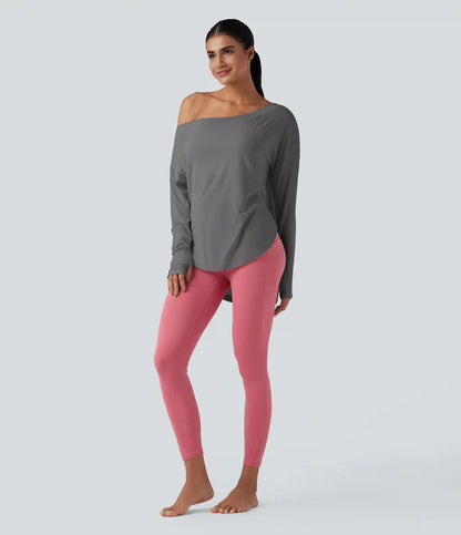 One Shoulder Long Sleeve Thumb Hole Curved Hem High Low Quick Dry Yoga Sports Top-Built-in Bra