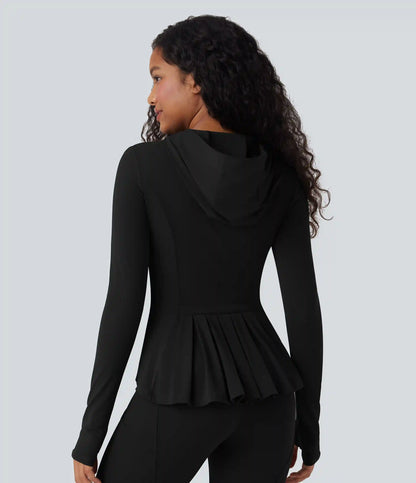 SoftlyZero™ Hooded Long Sleeve Thumb Hole Pleated Jacket with Pockets