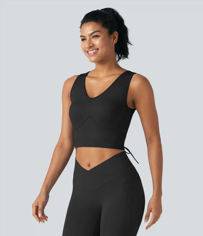 OneForm Seamless Flow V Neck Built-in Bra Lace Up Cropped Yoga Tank Top