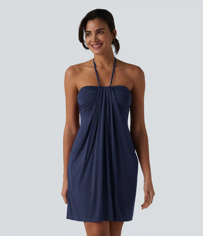 Halter Tie Back Mini Resort Dress with Pockets