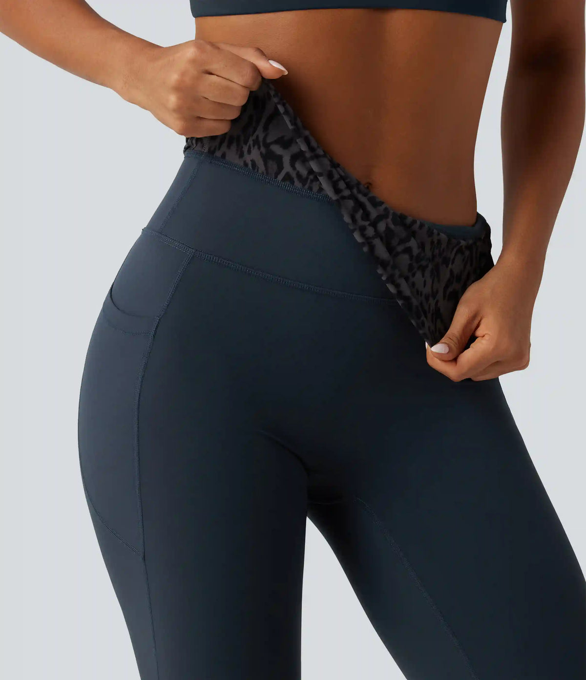 Halara UltraSculpt™ Mid Rise Foldover Tummy Control Leopard Print Flare Yoga Leggings with Pockets