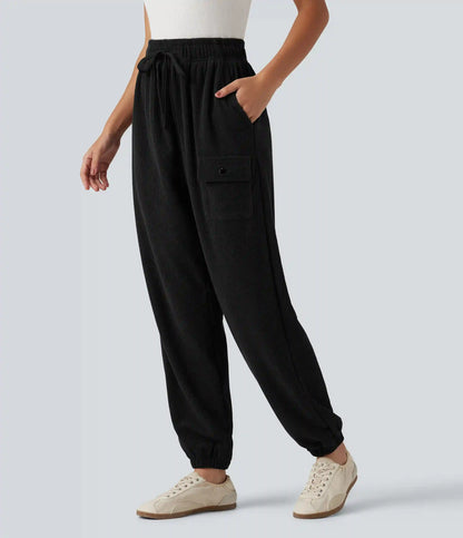 High Waisted Drawstring Tapered Corduroy Casual Joggers with Pockets