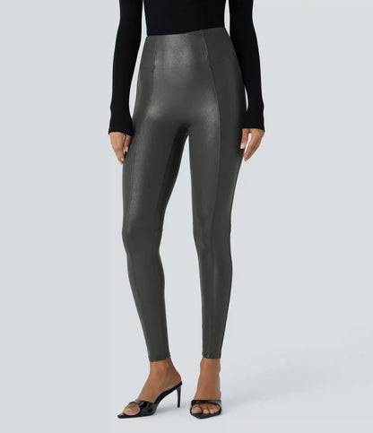 High Waisted Tummy Control Faux Leather Foil Print Stretchy Leggings
