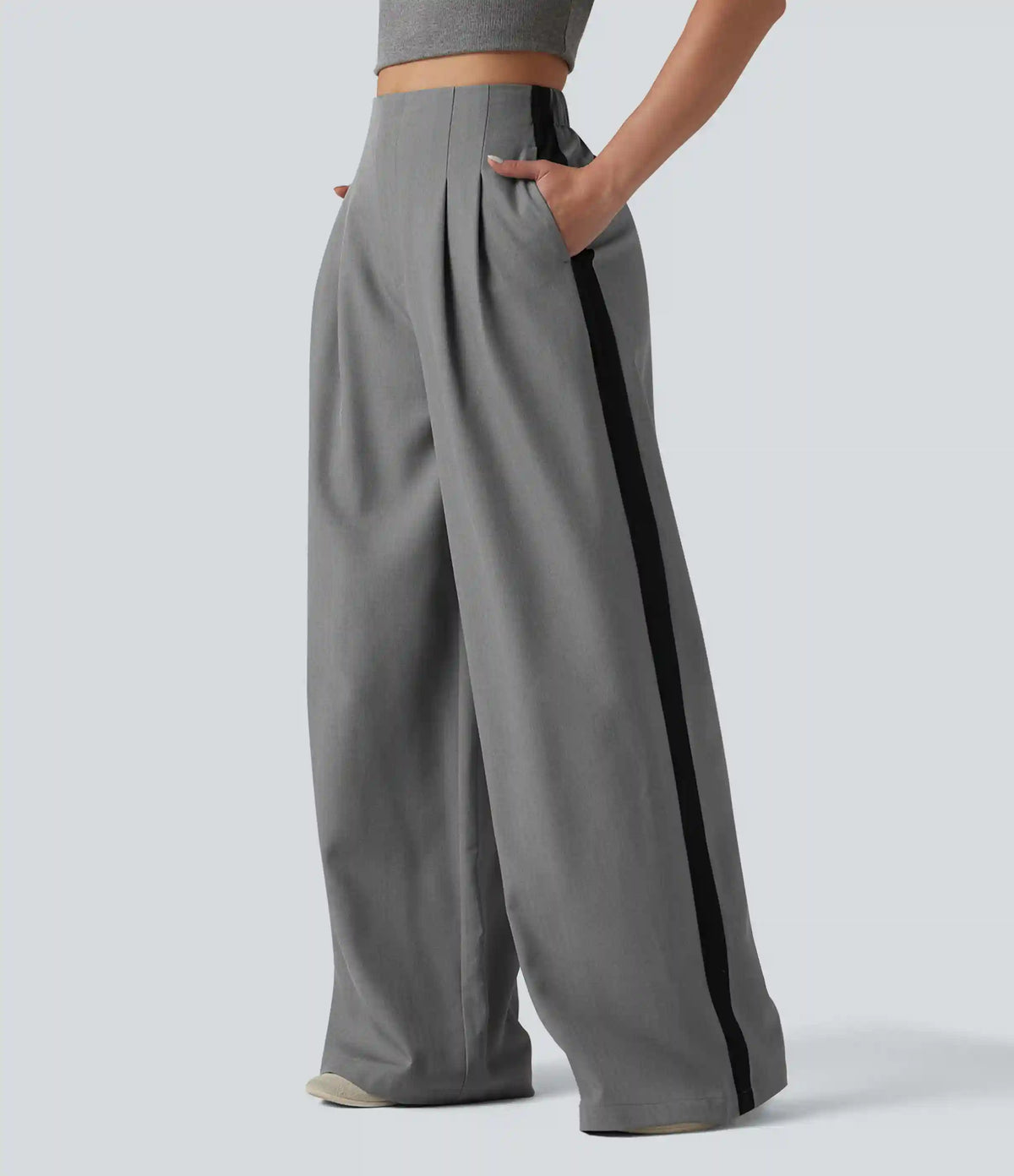 Wrinkle Recovery High Waisted Baggy Color Block Casual Linen-Feel Pants with Pockets