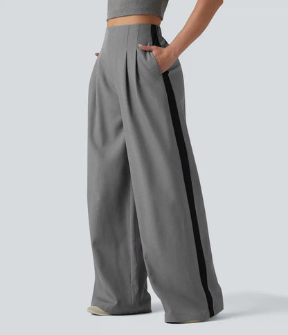 Wrinkle Recovery High Waisted Baggy Color Block Casual Linen-Feel Pants with Pockets