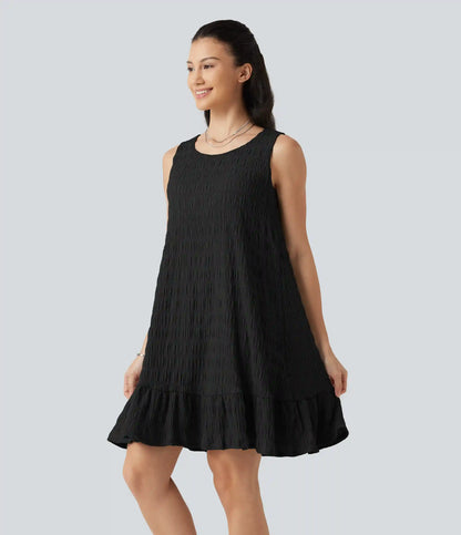 Round Neck Built-in Bra Sleeveless Ruffle Hem Mini Casual Dress DD-F Cups