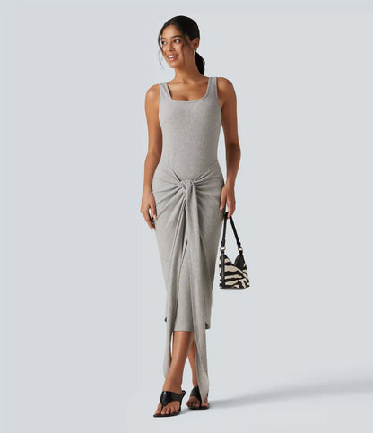 Ribbed Knit U Neck Sleeveless Heathered Bodycon Midi Casual Dress
