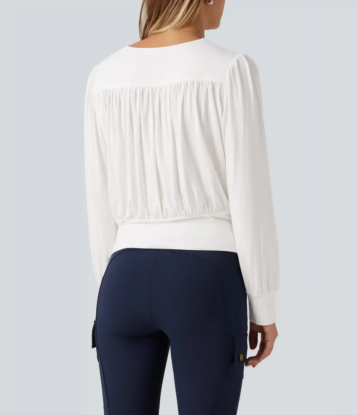 V Neck Long Sleeve Ruched Casual Top