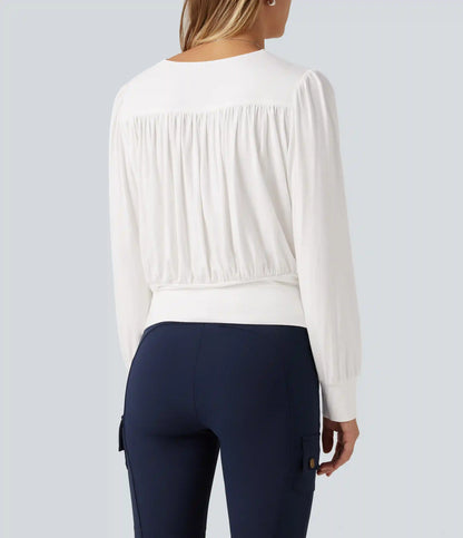 V Neck Long Sleeve Ruched Casual Top