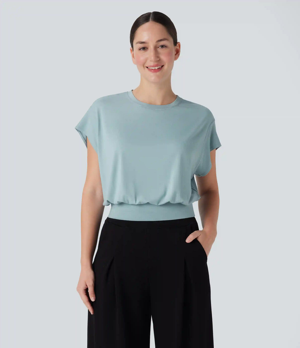 Round Neck Short Batwing Sleeve Work T-Shirt