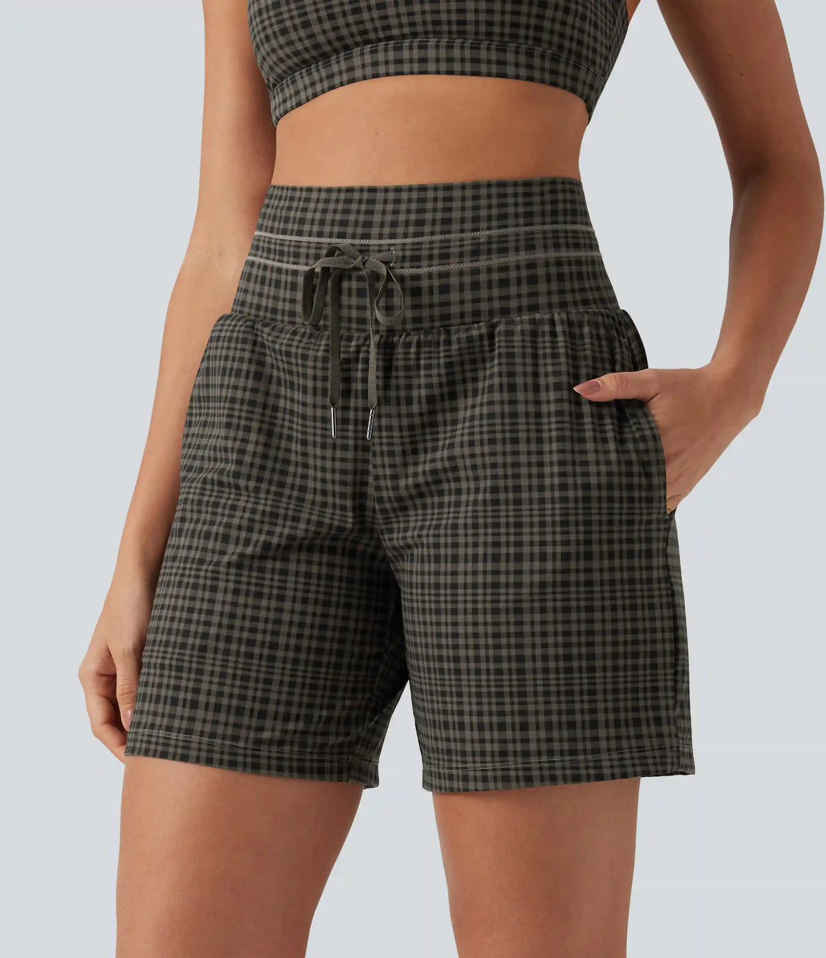 Halara UltraSculpt™ Plaid Ultra High-Waist Drawstring 2-in-1 Yoga Shorts 7" with Pockets