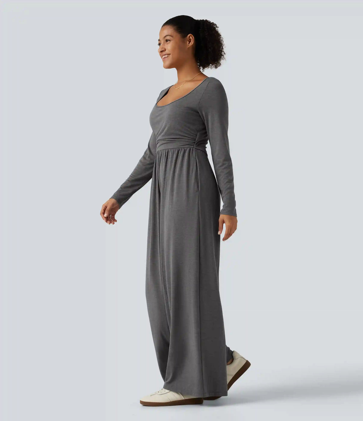 Scoop Neck Long Sleeve Built-in Bra Wide Leg Ruched Casual Jumpsuit with Pockets-Easy Peezy Edition