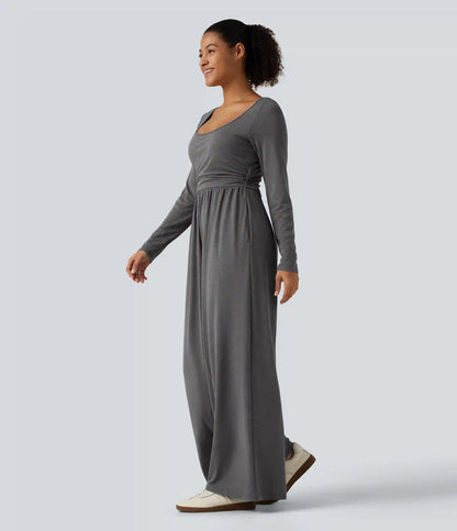 Scoop Neck Long Sleeve Built-in Bra Wide Leg Ruched Casual Jumpsuit with Pockets-Easy Peezy Edition