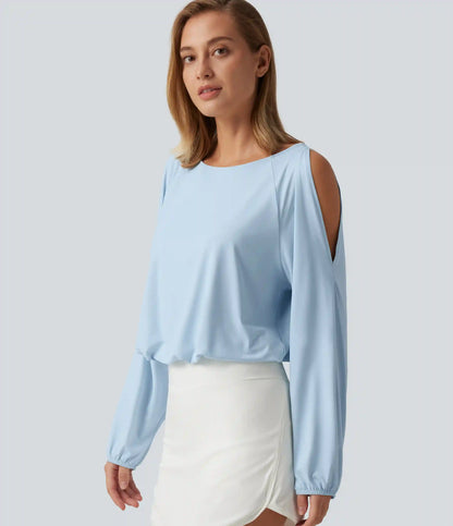 Quick Dry Boat Neck Cold Shoulder Long Sleeve Yoga Sports Top