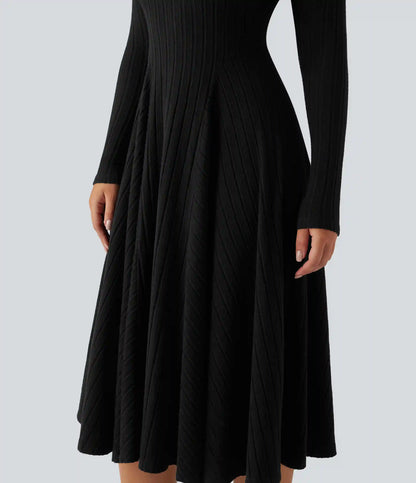 Ribbed Knit V Neck Long Sleeve Flare Midi Casual Dress