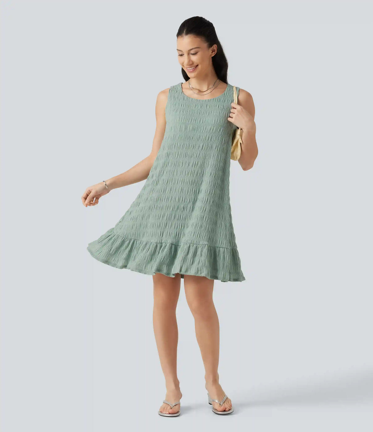 Round Neck Built-in Bra Sleeveless Ruffle Hem Mini Casual Dress DD-F Cups