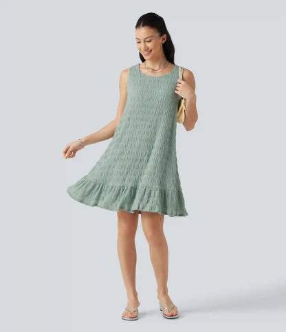 Round Neck Built-in Bra Sleeveless Ruffle Hem Mini Casual Dress DD-F Cups