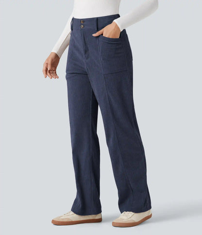 High Waisted Corduroy Casual Straight Leg Pants with Pockets