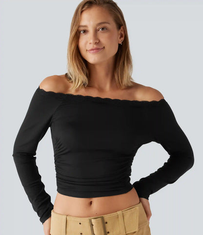 Ribbed Off Shoulder Long Sleeve Ruched Contrast Lace Casual Top