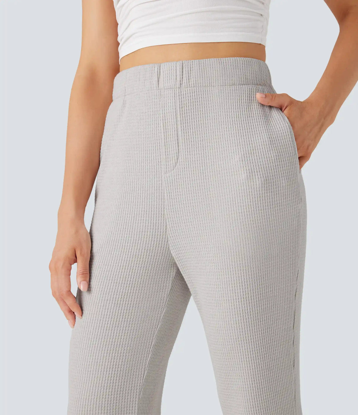 High Waisted Flare Waffle Casual Pants with Pockets