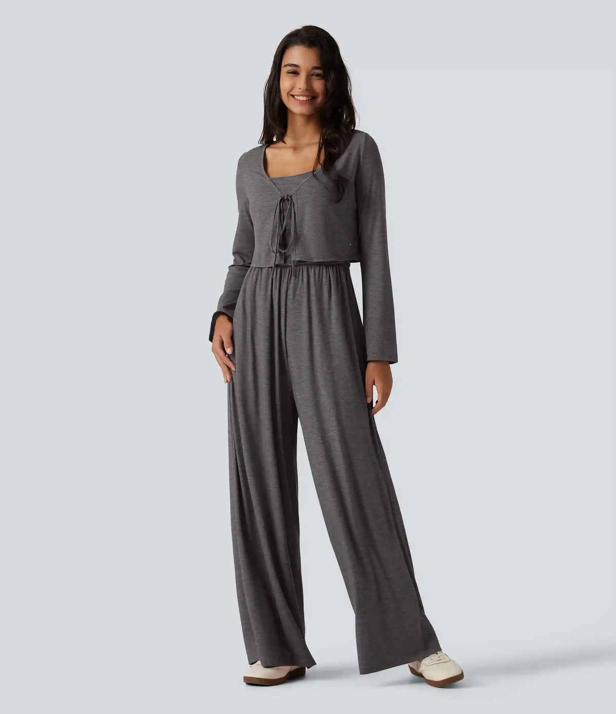 V Neck Tie Front Long Sleeve Casual Top