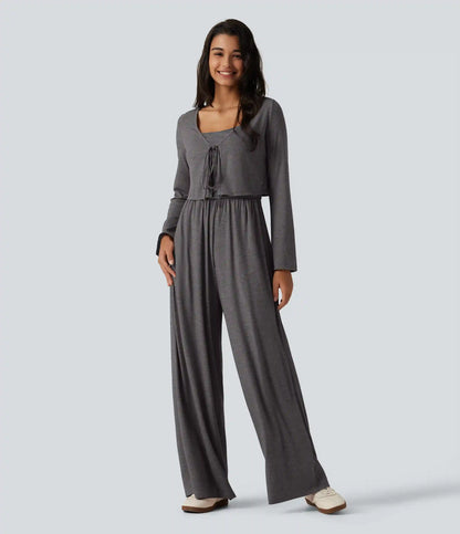 V Neck Tie Front Long Sleeve Casual Top