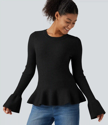 Round Neck Long Sleeve Ruffle Hem Slim Work Sweater