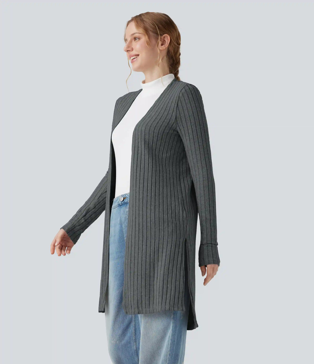Ribbed Knit Long Sleeve Split Casual Cardigan