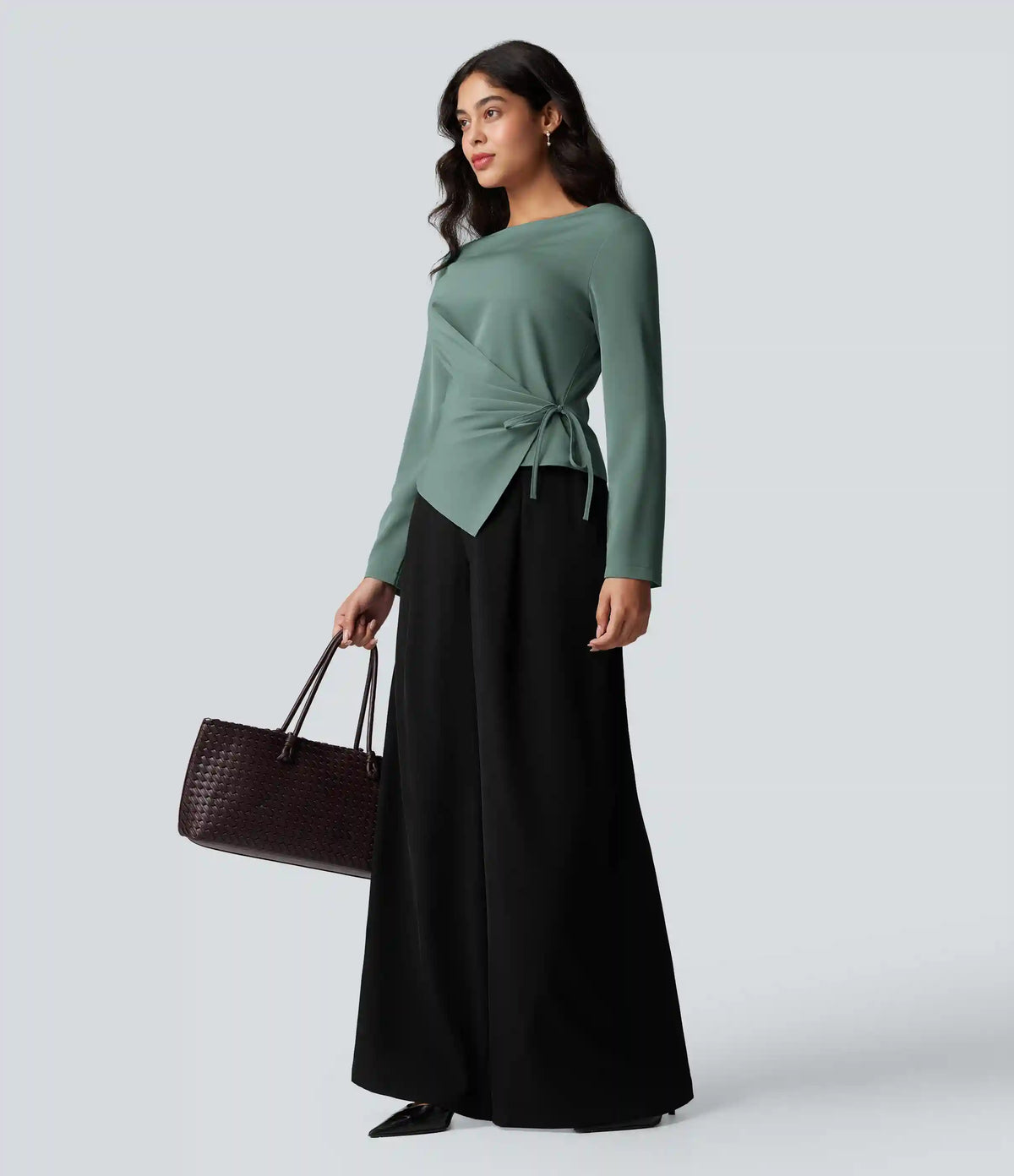 Wrinkle Recovery Boat Neck Long Sleeve Ruched Tie Work Blouse