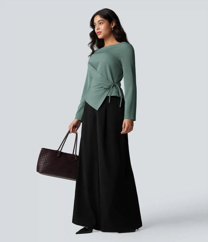 Wrinkle Recovery Boat Neck Long Sleeve Ruched Tie Work Blouse