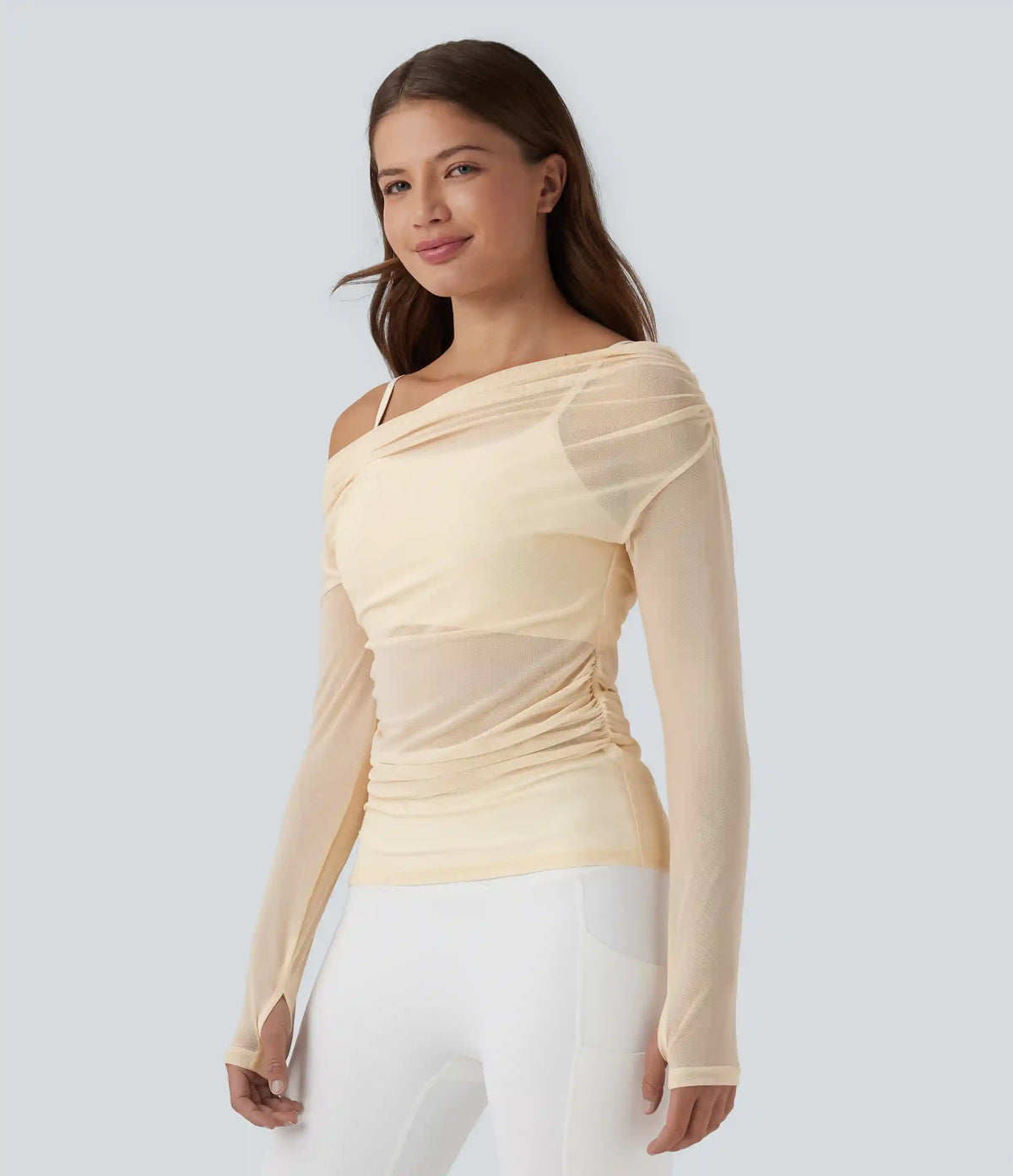 One-shoulder Long Sleeve Thumb Holes Ruched Mesh 2-in-1 Yoga Sports Top
