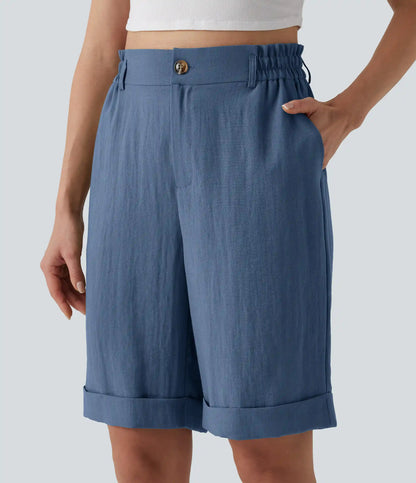 High Waisted Rolled Hem Linen-Feel Resort Bermuda Shorts 10'' with Pockets
