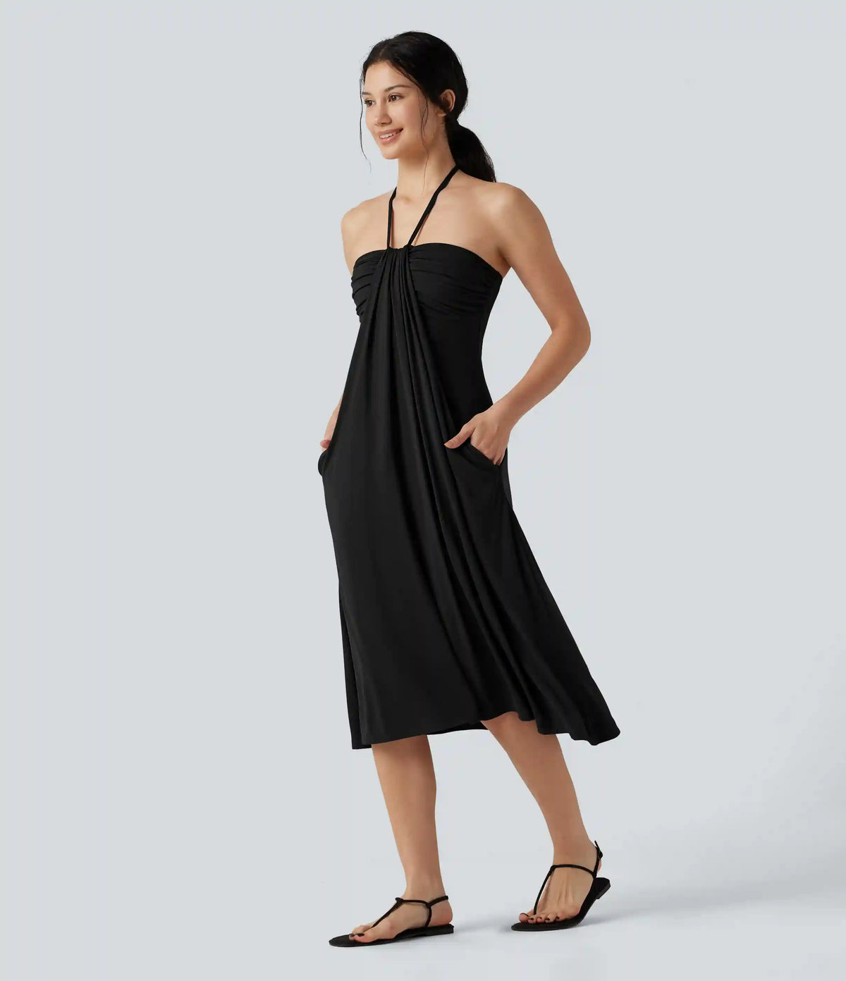 Halter Tie Back A-Line Midi Dress with Pockets