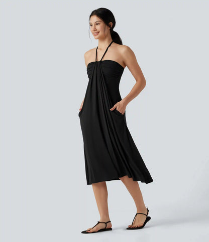 Halter Tie Back A-Line Midi Dress with Pockets