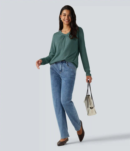 V Neck Ruched Long Sleeve Casual Top