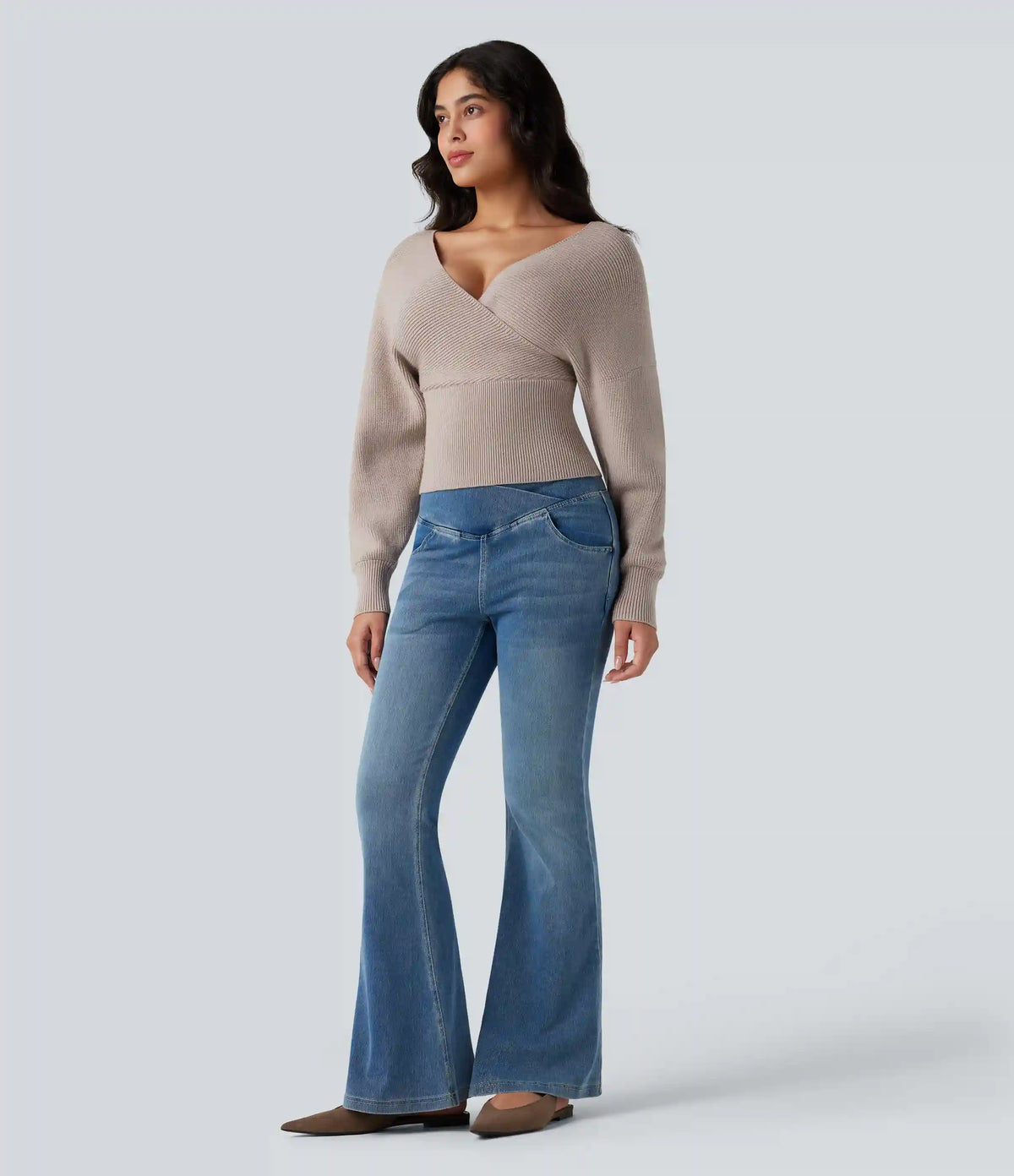 V-neck Batwing Long Sleeve Cut-out Casual Sweater