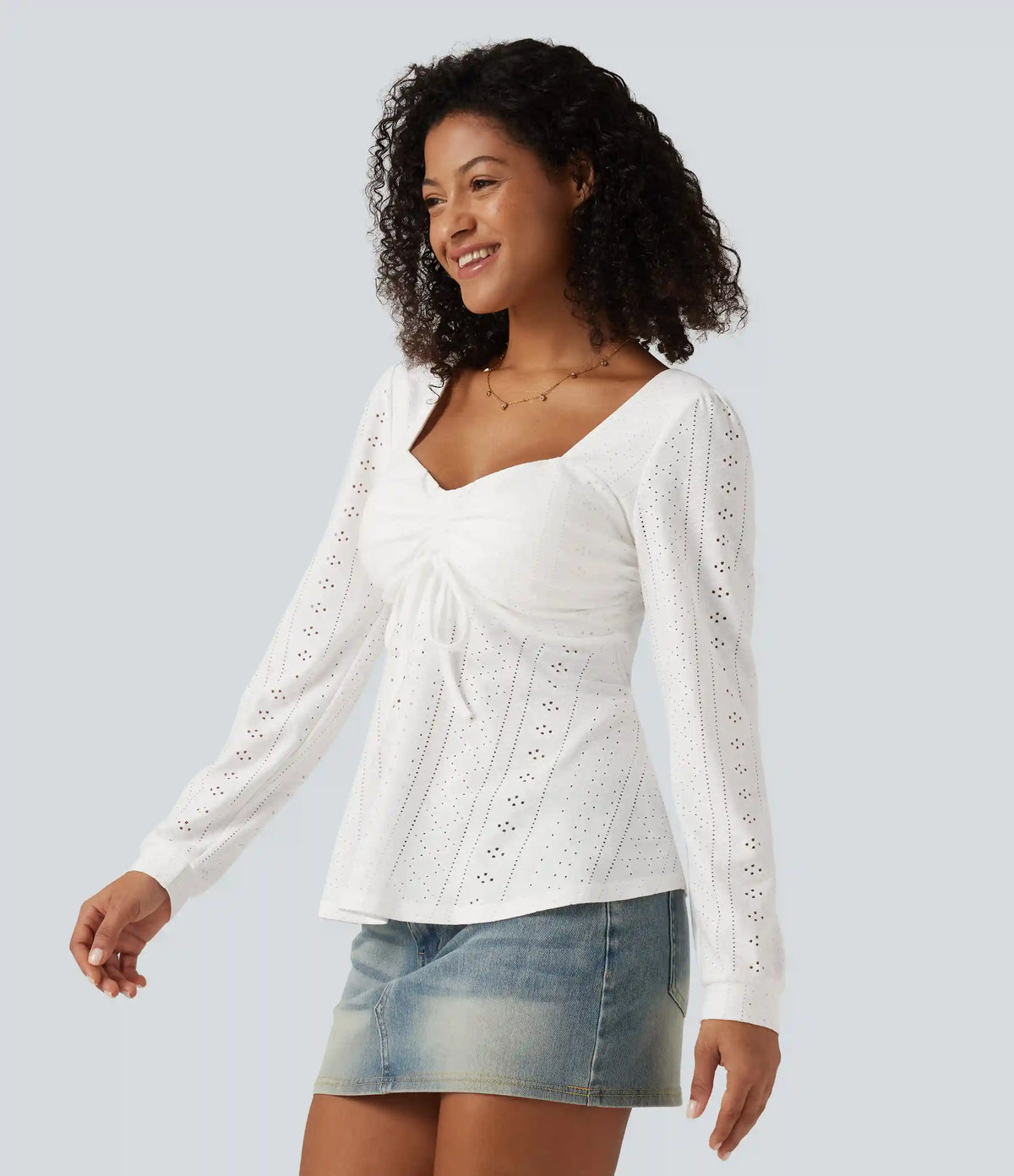 Sweetheart Neck Long Sleeve Lace Up Built-in Bra Eyelet Casual Top