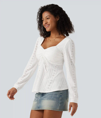 Sweetheart Neck Long Sleeve Lace Up Built-in Bra Eyelet Casual Top
