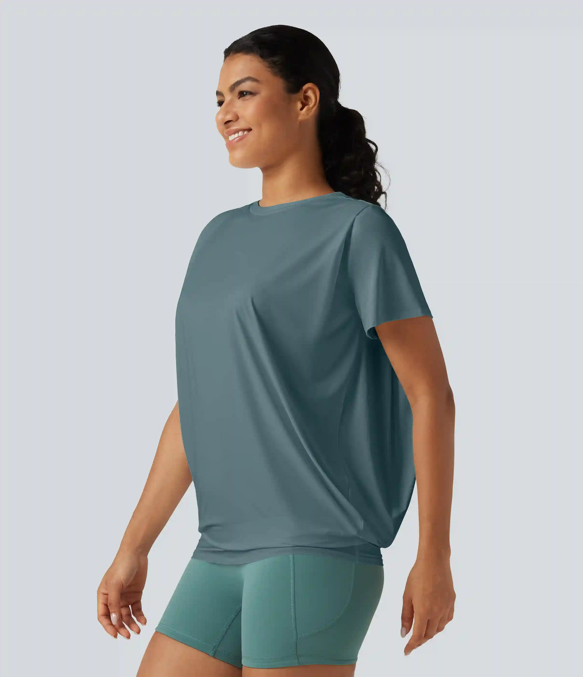 Round Neck Short Sleeve Ruched InstantCool Yoga Sports Top-Longer Length-UPF50+