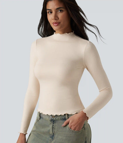 Halara HeatCore Mock-neck Long Sleeve Lettuce Trim Casual Warming Top