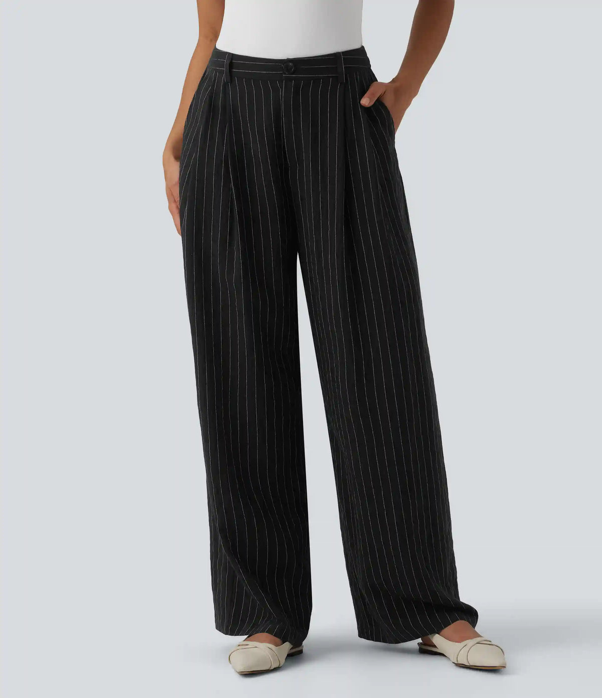 High Waisted Stripes Work Baggy Pants with Pockets