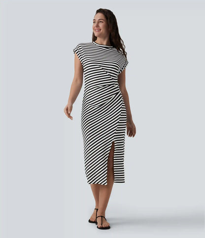 Round Neck Short Sleeve Asymmetrical Split Hem Stripes Waffle Casual Midi T-Shirt Dress