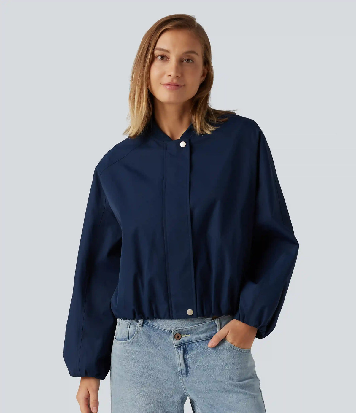 Round Neck Long Sleeve Casual Bomber Jacket with Pockets