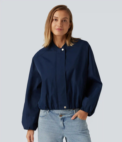 Round Neck Long Sleeve Casual Bomber Jacket with Pockets