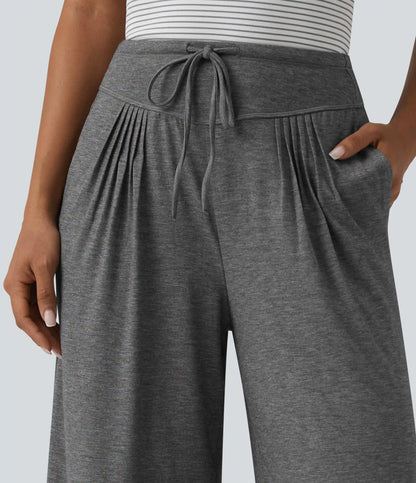 High Waisted Drawstring Pleated Heathered Casual Baggy Pants with Pockets