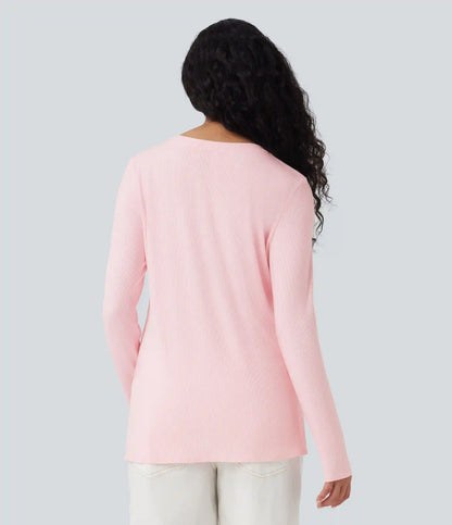 Ribbed Knit Long Sleeve Split Hem Casual T-Shirt