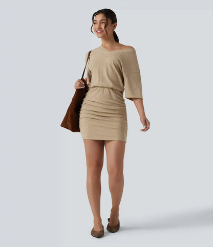 Ribbed Knit V Neck Short Sleeve Ruched Bodycon Mini Casual Dress