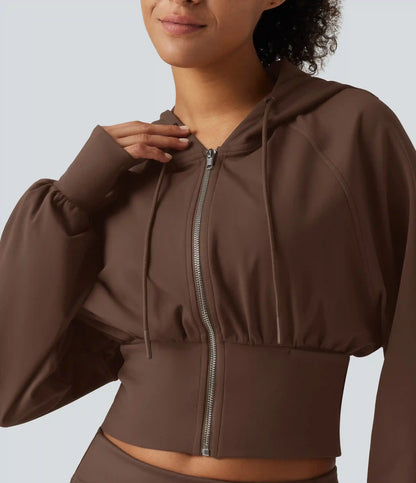 Hooded Raglan Sleeve Cropped Yoga Jacket with Hidden Pocket and Thumb Holes