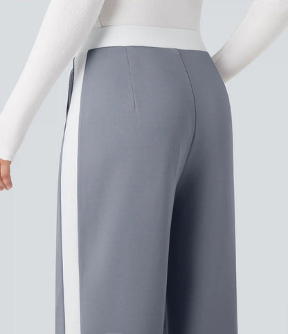 Mid Rise Color Block Split Work Straight Leg Pants with Pockets
