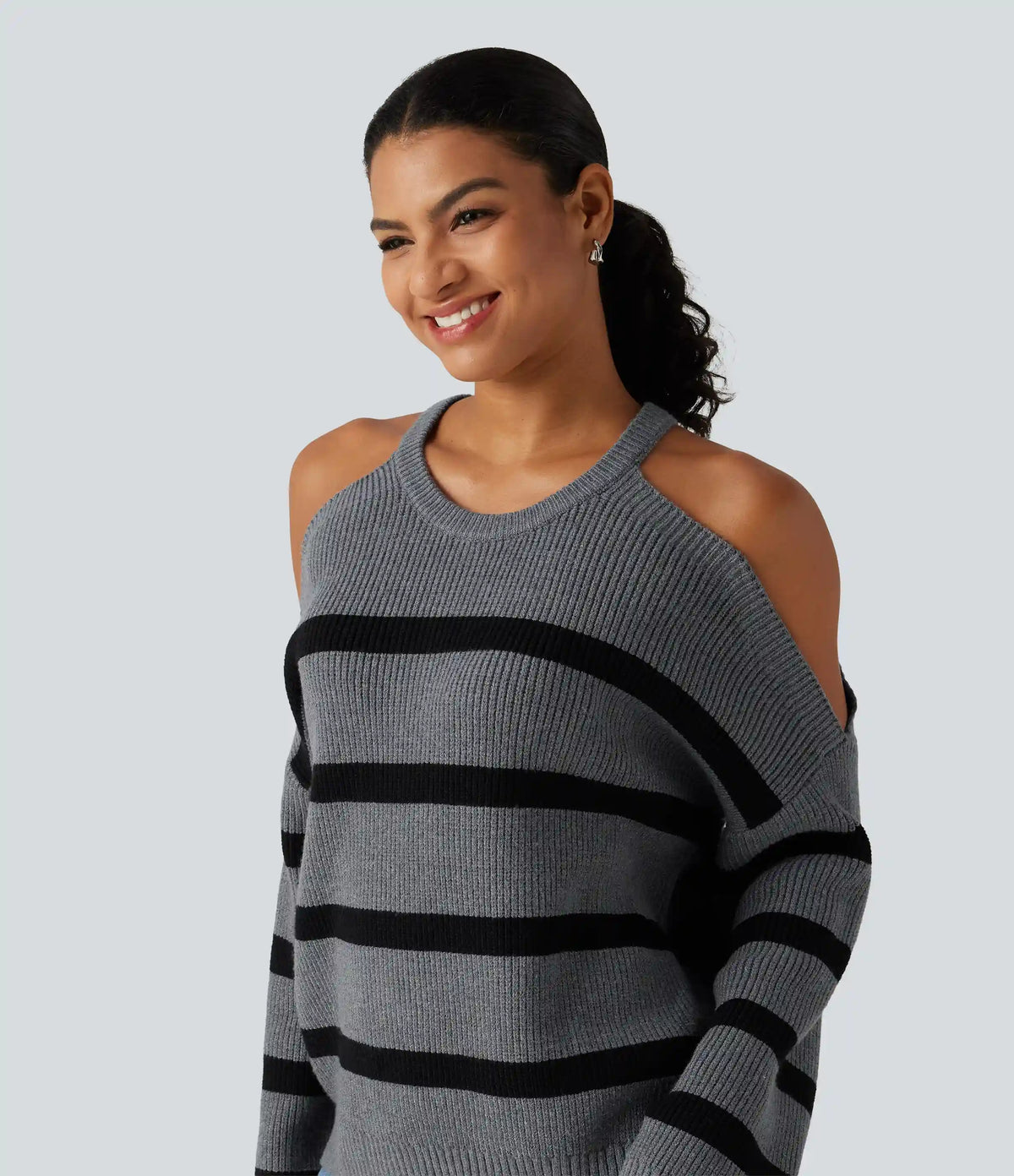 Round Neck Cold Shoulder Long Sleeve Stripe Work Sweater